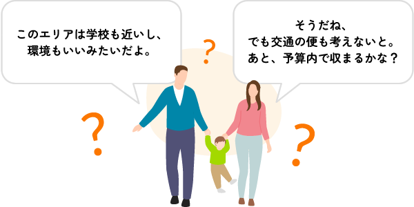 「このエリアは学校も近いし、環境もいいみたいだよ。」「そうだね、でも交通の便も考えないと。あと、予算内で収まるかな？」